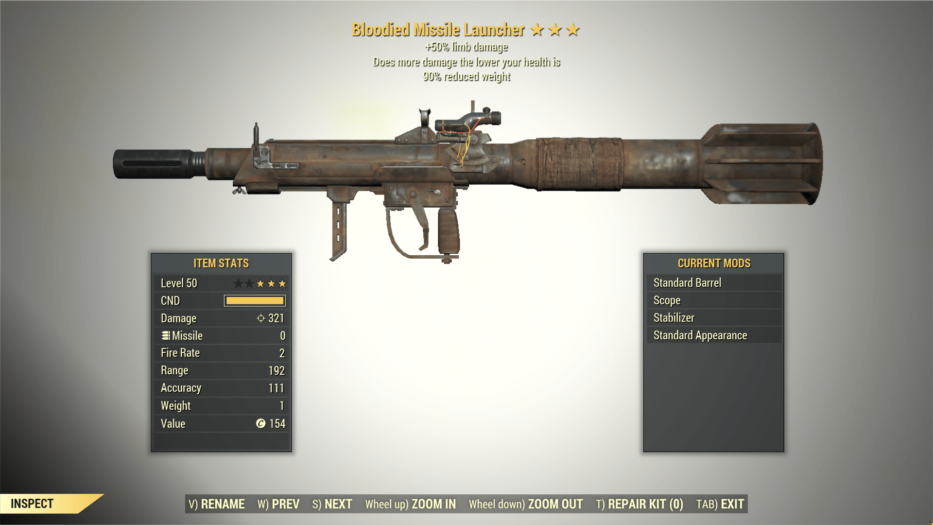 Screenshot of a Fallout 76 item for PC & Steam players, showing the stats.