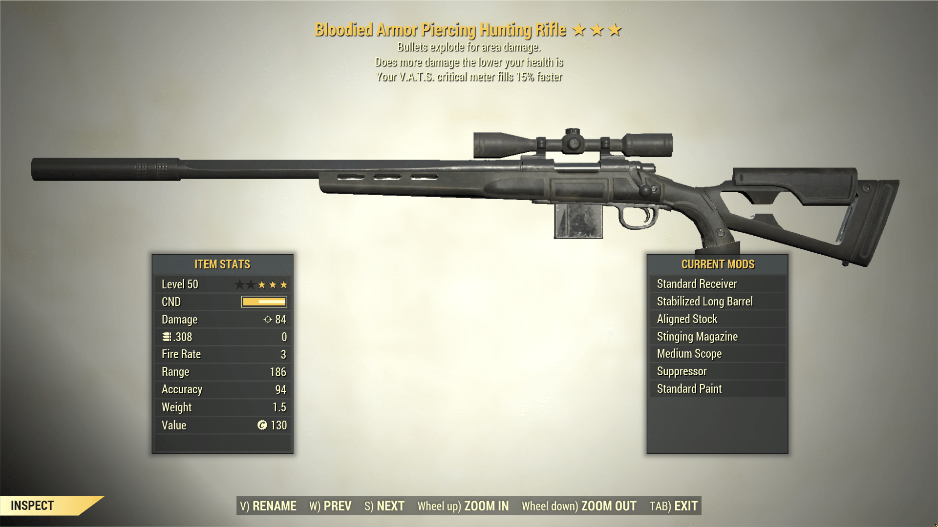 Screenshot of a Fallout 76 item for PC & Steam players, showing the stats.