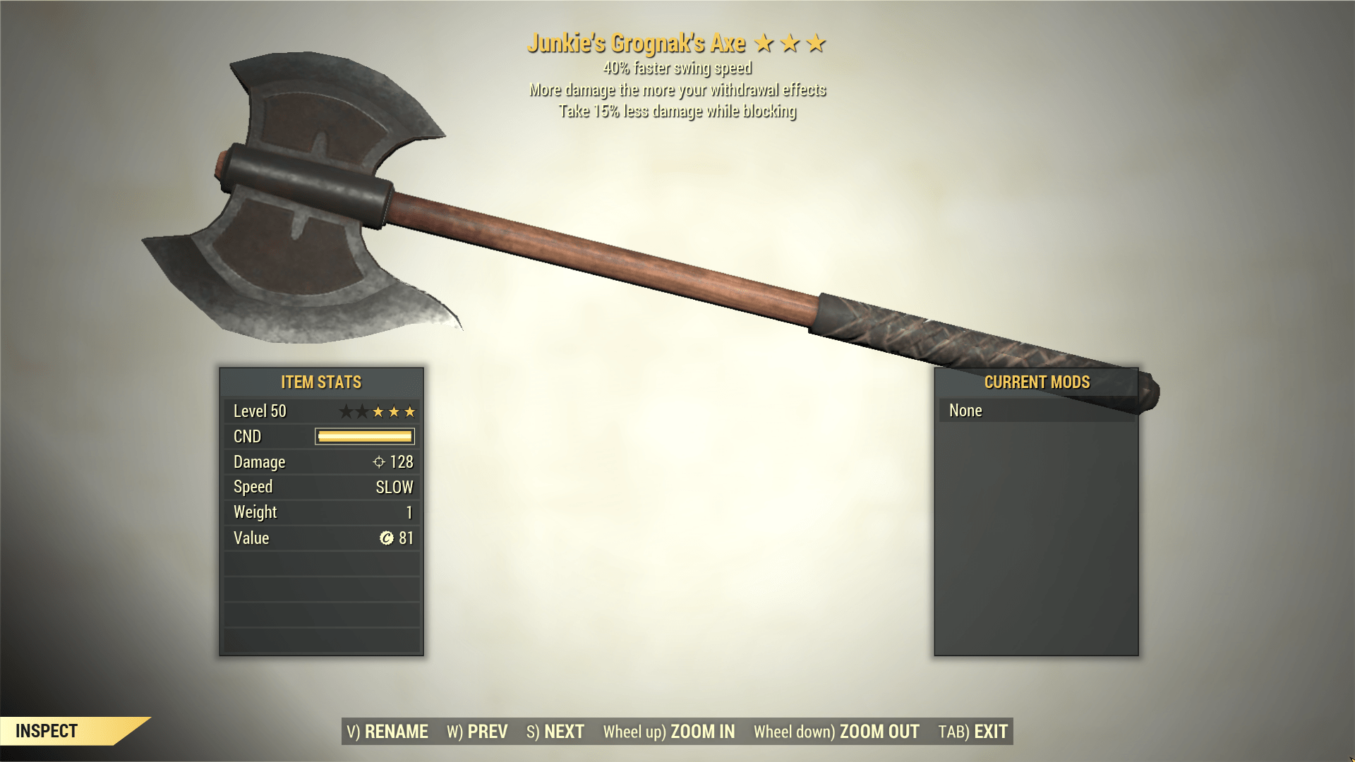 Screenshot of a Fallout 76 item for PC & Steam players, showing the stats.