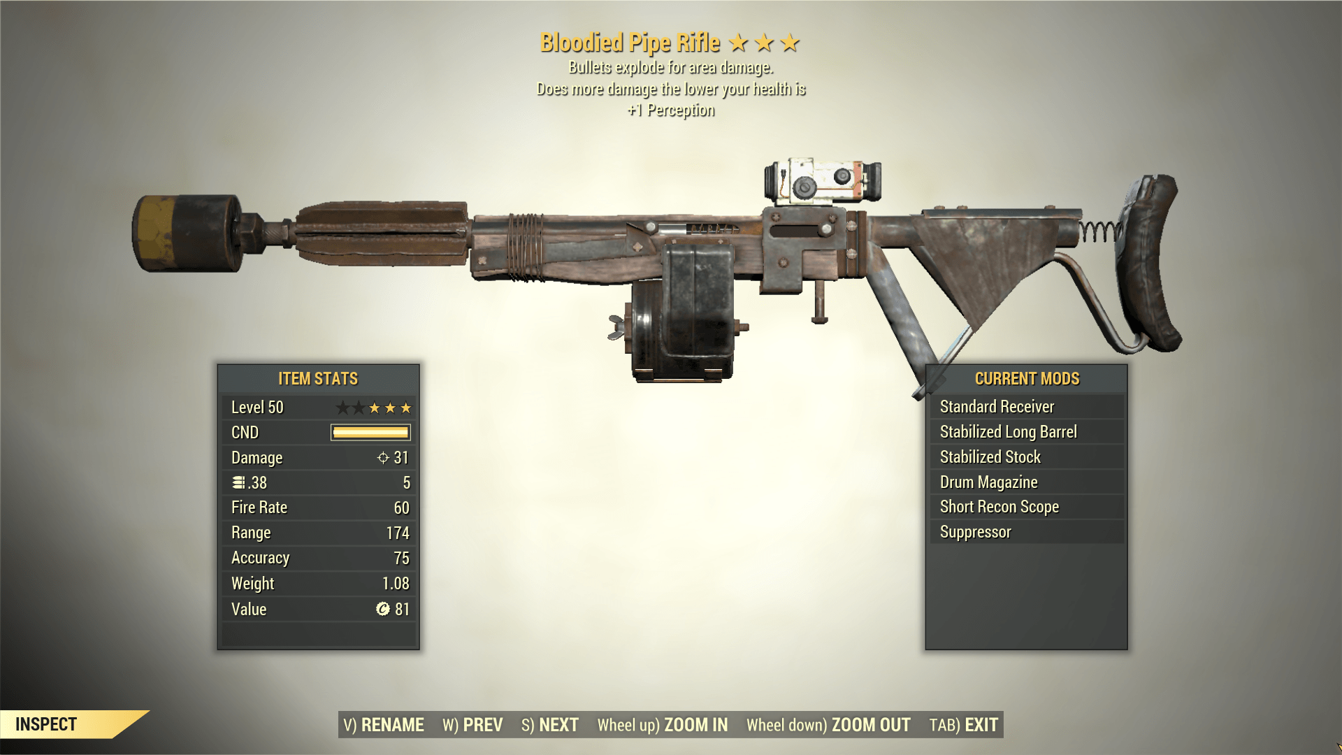 Screenshot of a Fallout 76 item for PC & Steam players, showing the stats.