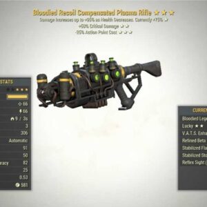 Screenshot of a Fallout 76 PC Bloodied Plasma Rifle VATS Crit + 25V, showing the stats.