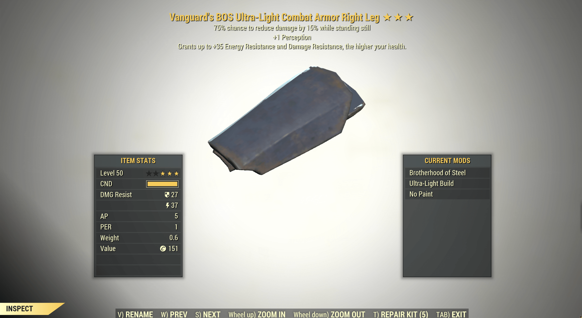 Screenshot of a Fallout 76 item for PC & Steam players, showing the stats.