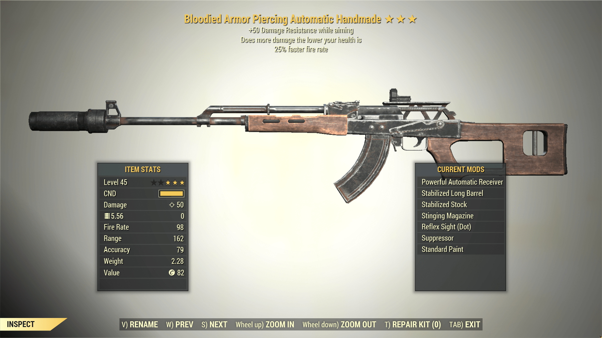 Screenshot of a Fallout 76 item for PC & Steam players, showing the stats.
