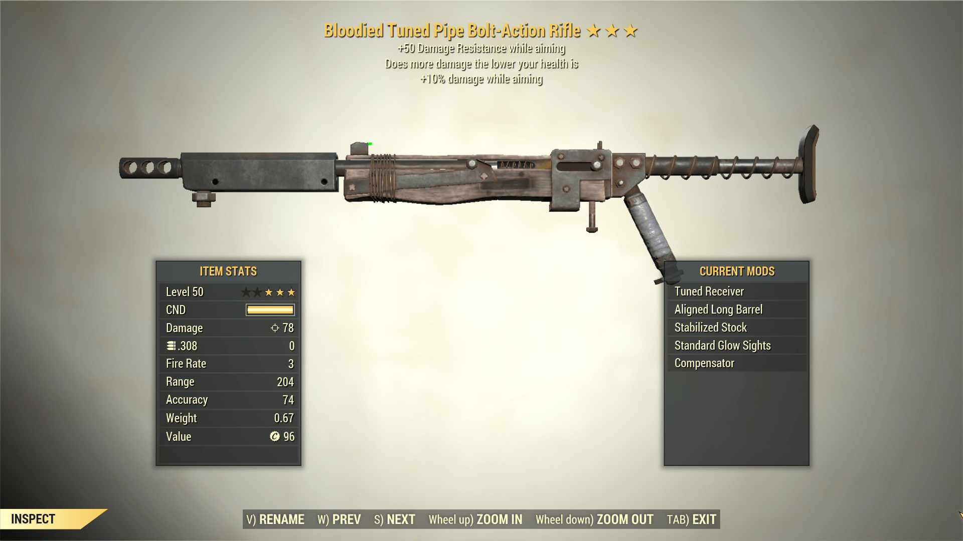 Screenshot of a Fallout 76 item for PC & Steam players, showing the stats.