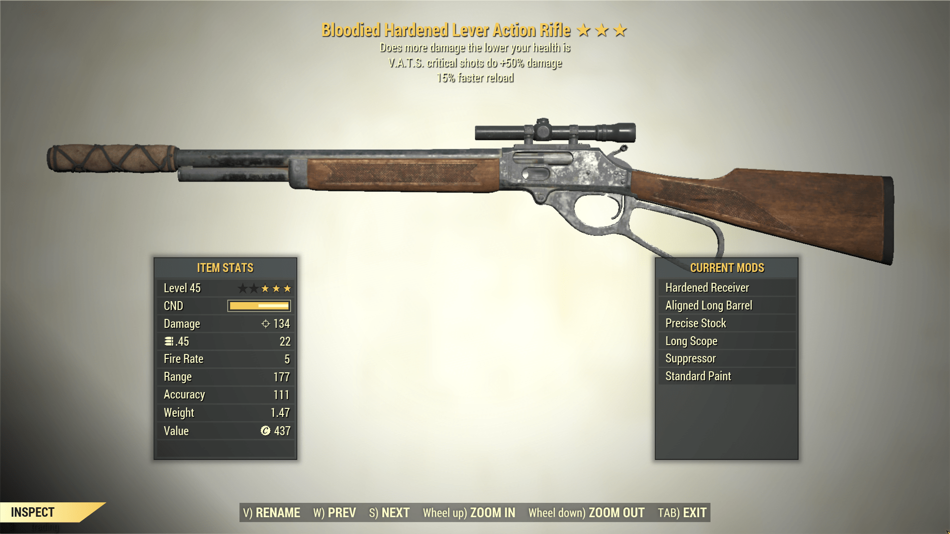Screenshot of a Fallout 76 item for PC & Steam players, showing the stats.