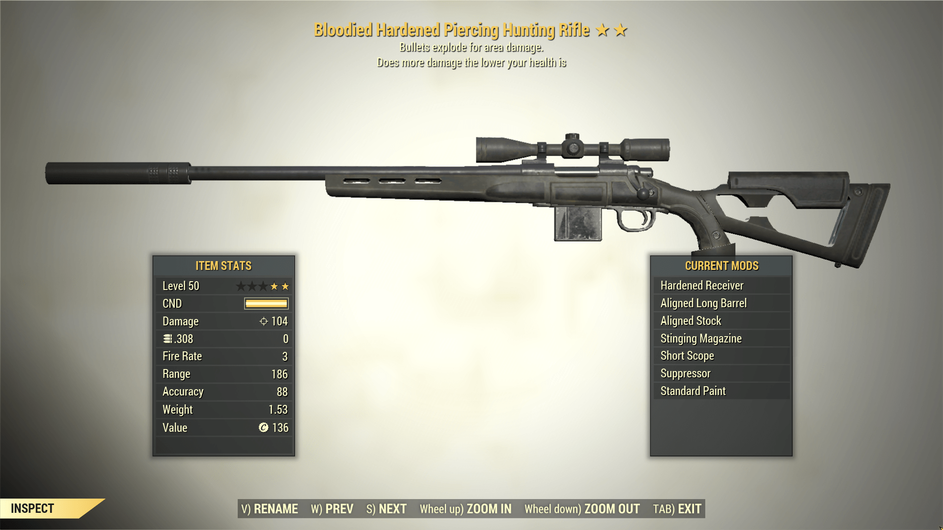 Screenshot of a Fallout 76 item for PC & Steam players, showing the stats.