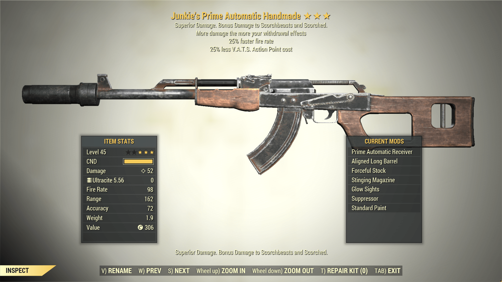 Screenshot of a Fallout 76 item for PC & Steam players, showing the stats.