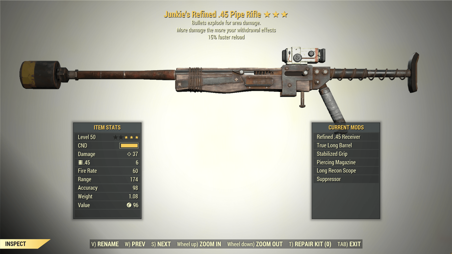 Screenshot of a Fallout 76 item for PC & Steam players, showing the stats.