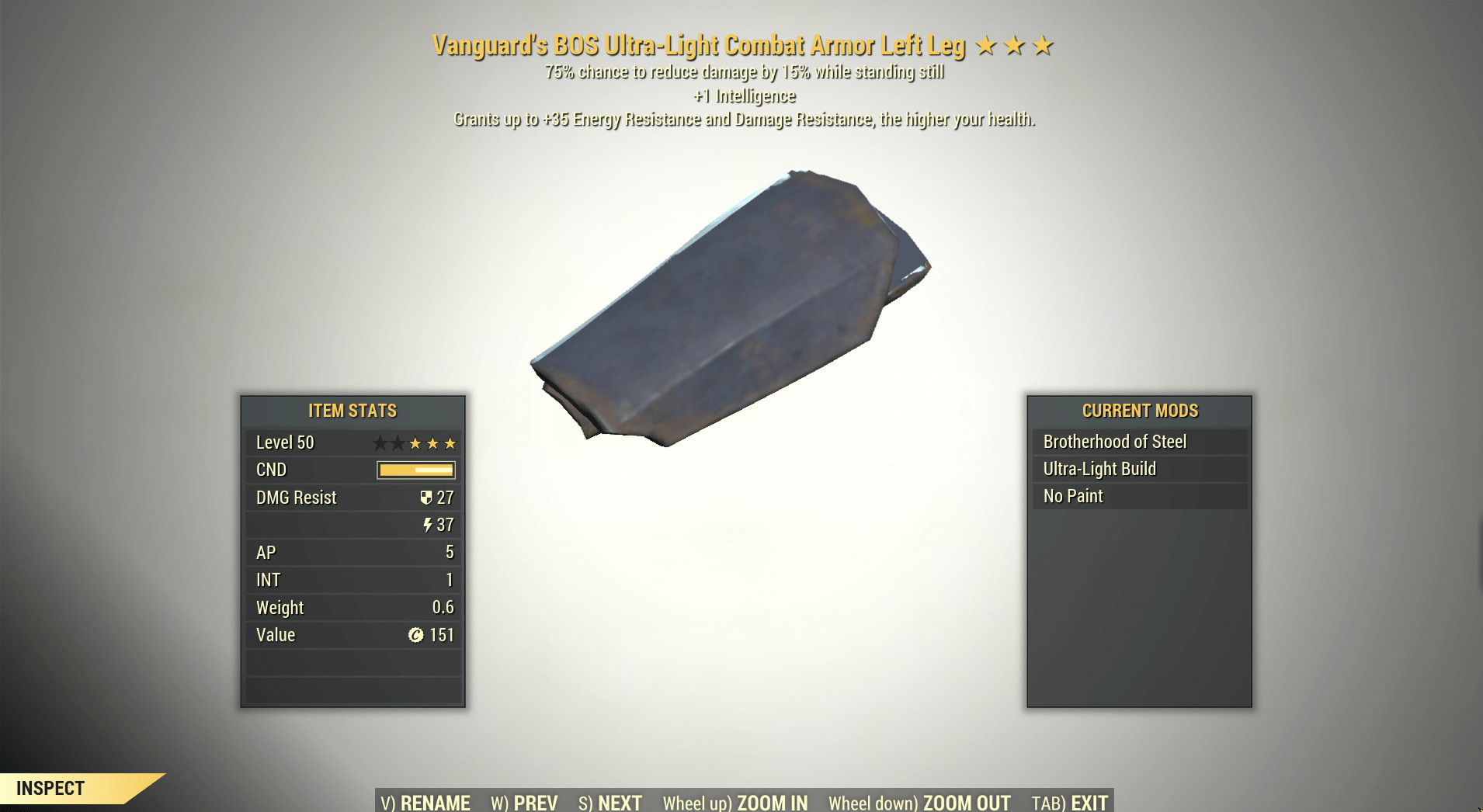 Screenshot of a Fallout 76 item for PC & Steam players, showing the stats.
