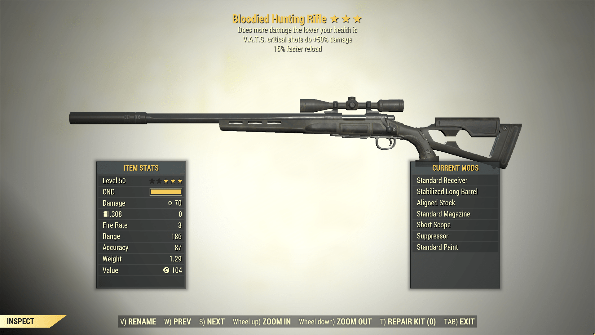 Screenshot of a Fallout 76 item for PC & Steam players, showing the stats.