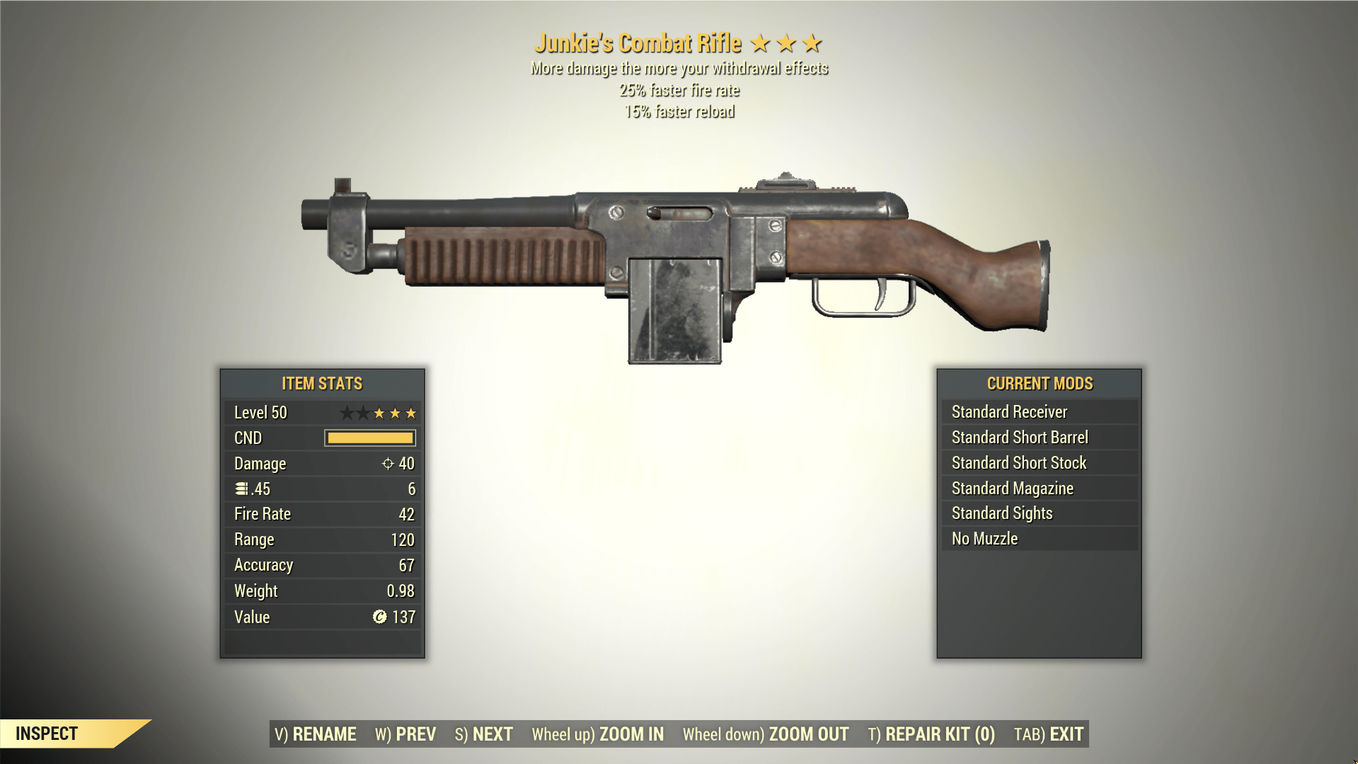 Screenshot of a Fallout 76 item for PC & Steam players, showing the stats.