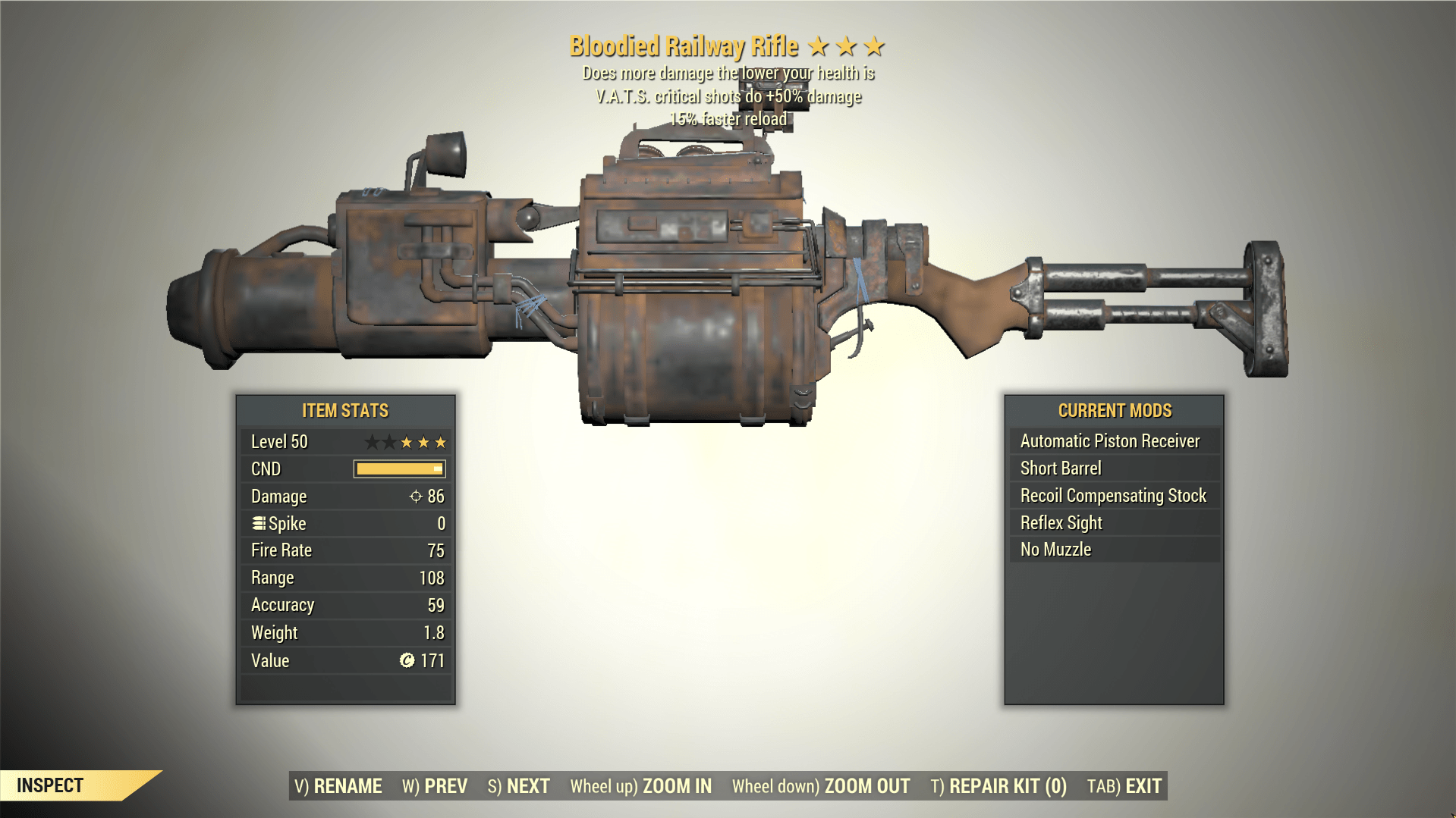 Screenshot of a Fallout 76 item for PC & Steam players, showing the stats.