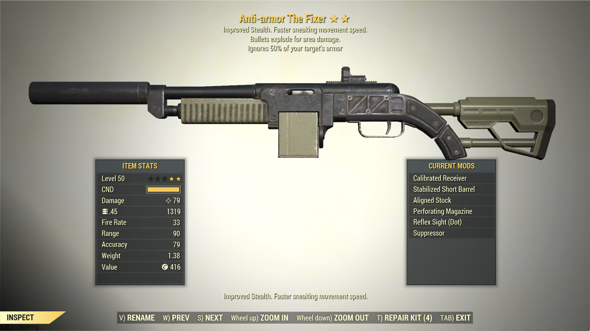 Screenshot of a Fallout 76 item for PC & Steam players, showing the stats.