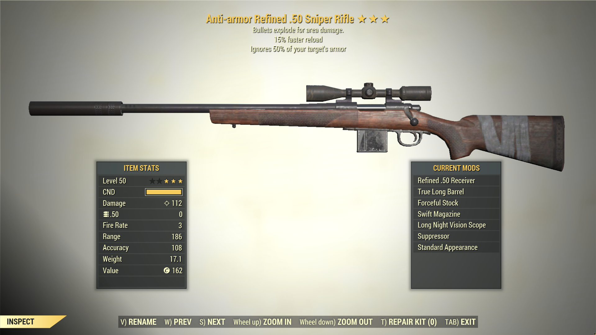 Screenshot of a Fallout 76 item for PC & Steam players, showing the stats.