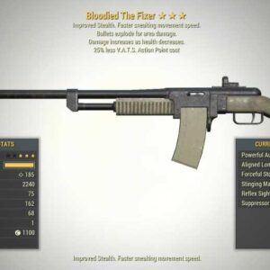 Screenshot of a Bloodied The Fixer Explosive + 25V for Fallout 76 PC & Steam players, showing the stats.