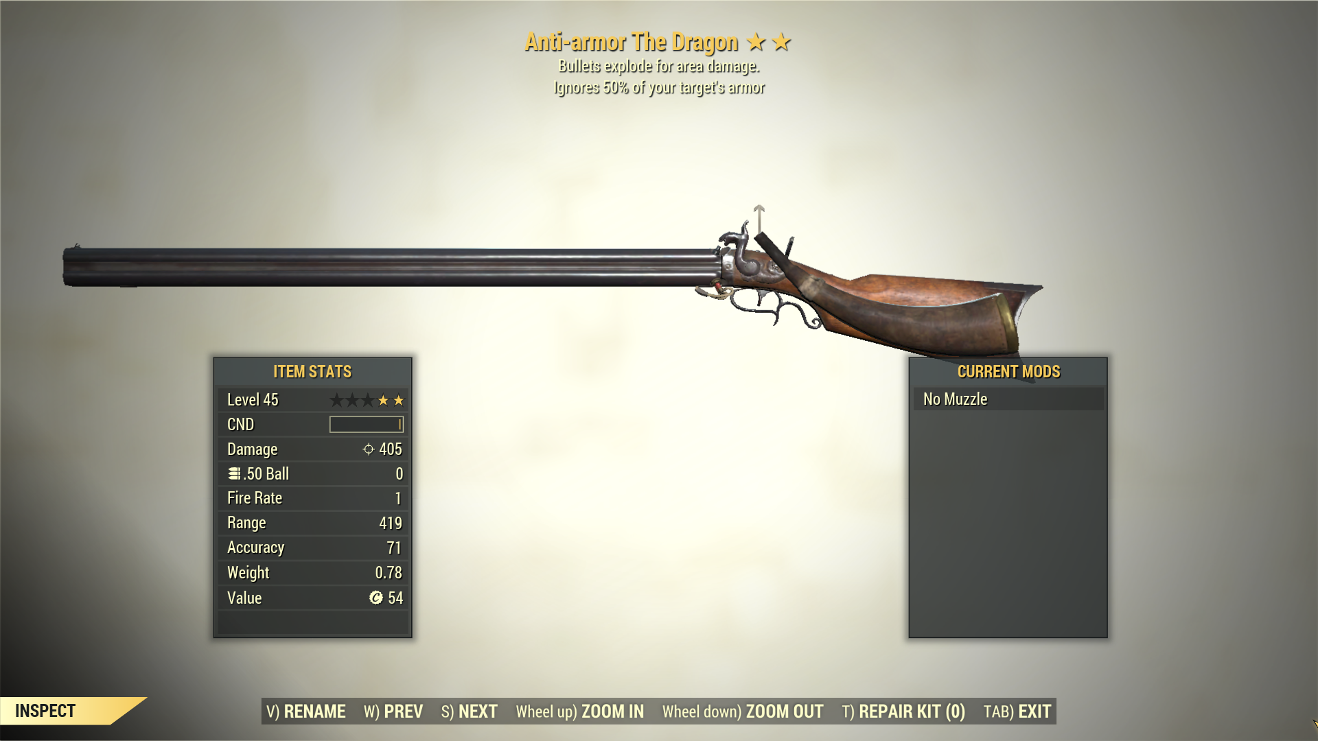 Screenshot of a Fallout 76 item for PC & Steam players, showing the stats.