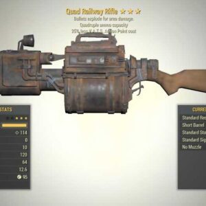 Screenshot of a Quad Explosive Railway Rifle for Fallout 76 PC & Steam players, showing the stats.