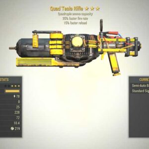 Screenshot of a Quad Tesla Rifle for Fallout 76 PC & Steam players, showing the stats.