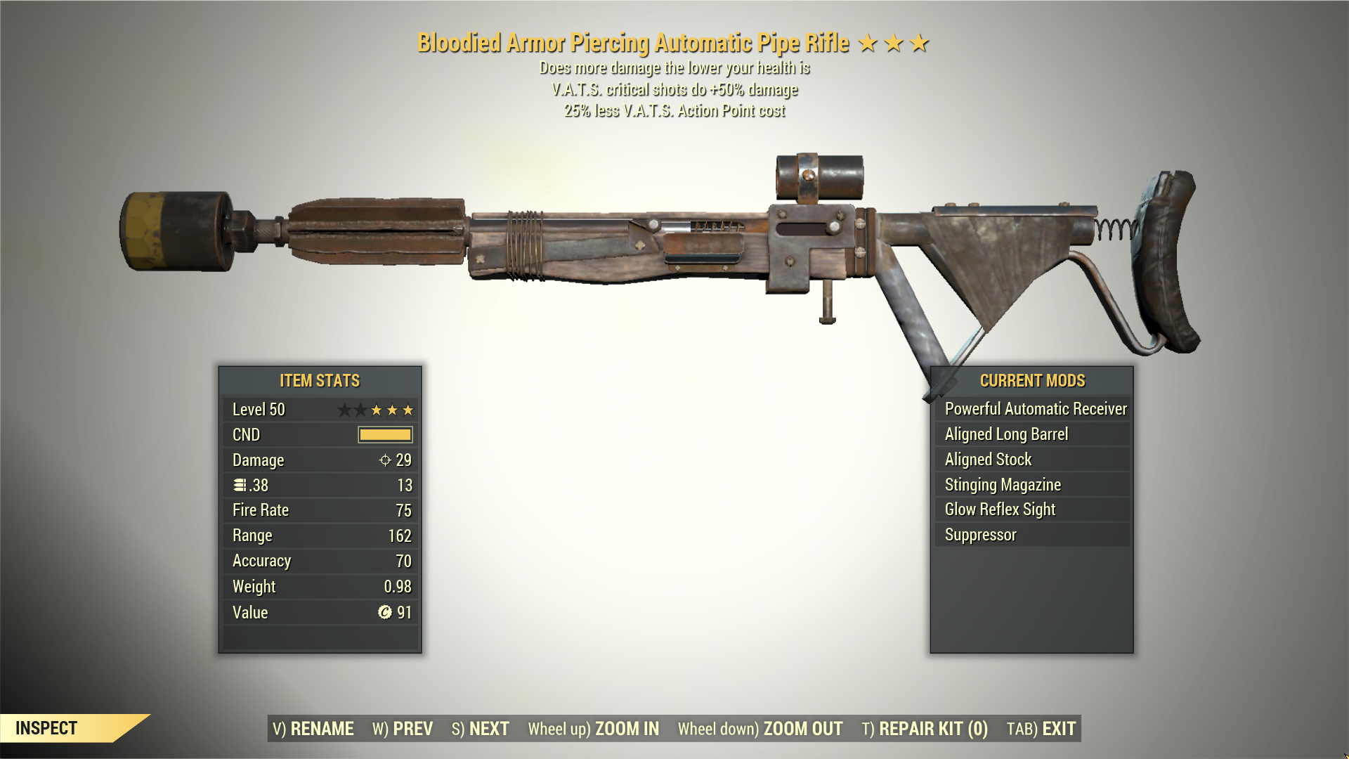 Screenshot of a Fallout 76 item for PC & Steam players, showing the stats.