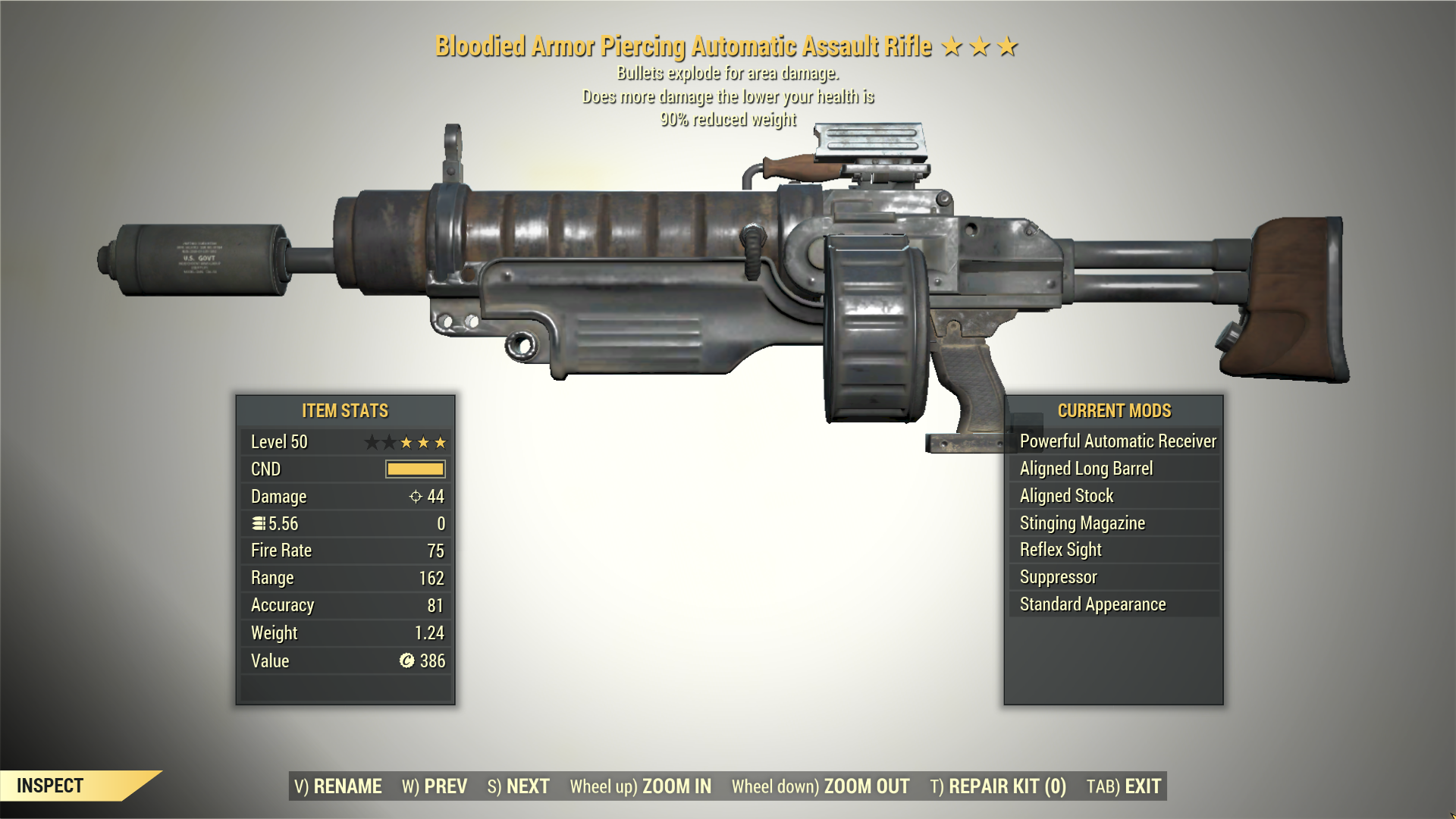 Screenshot of a Fallout 76 item for PC & Steam players, showing the stats.