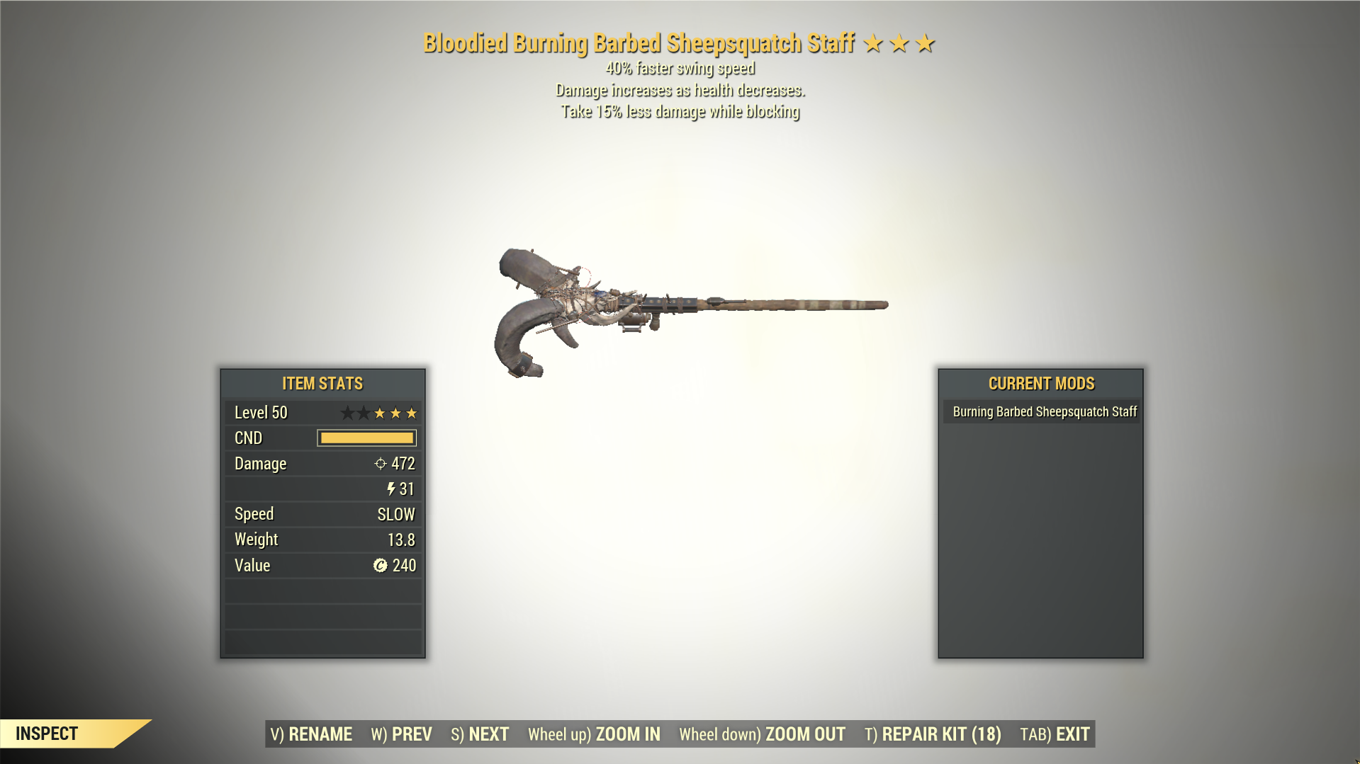 Screenshot of a Fallout 76 item for PC & Steam players, showing the stats.