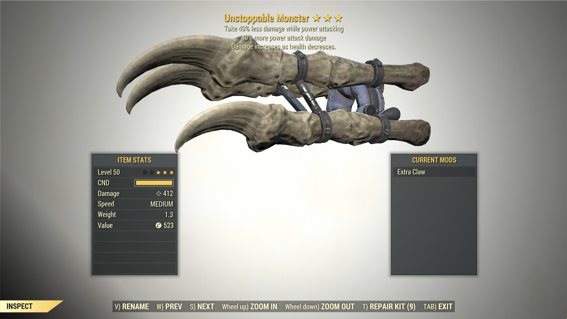 Screenshot of a Fallout 76 item for PC & Steam players, showing the stats.