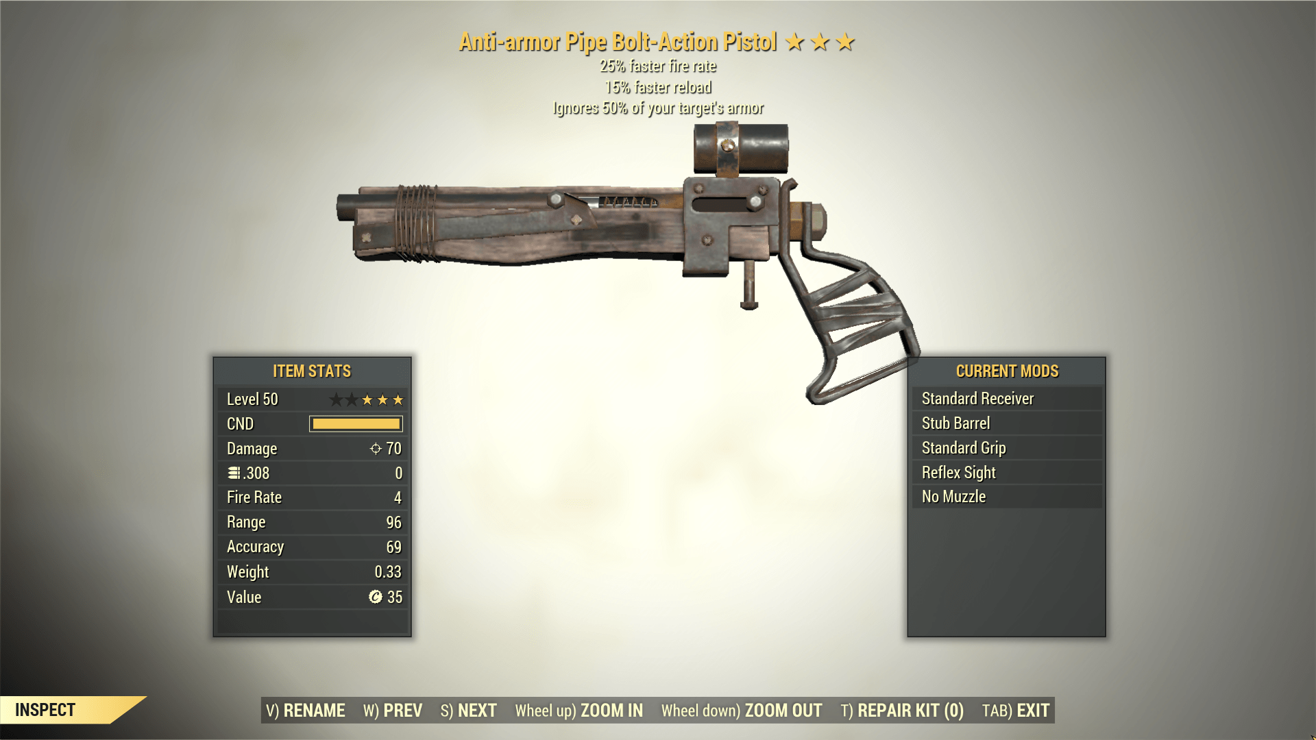 Screenshot of a Fallout 76 item for PC & Steam players, showing the stats.