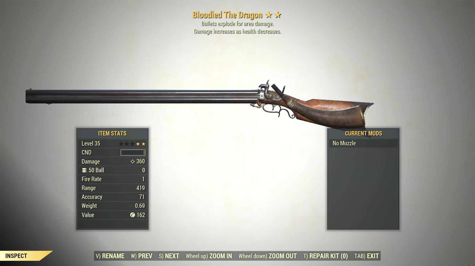 Screenshot of a Fallout 76 item for PC & Steam players, showing the stats.