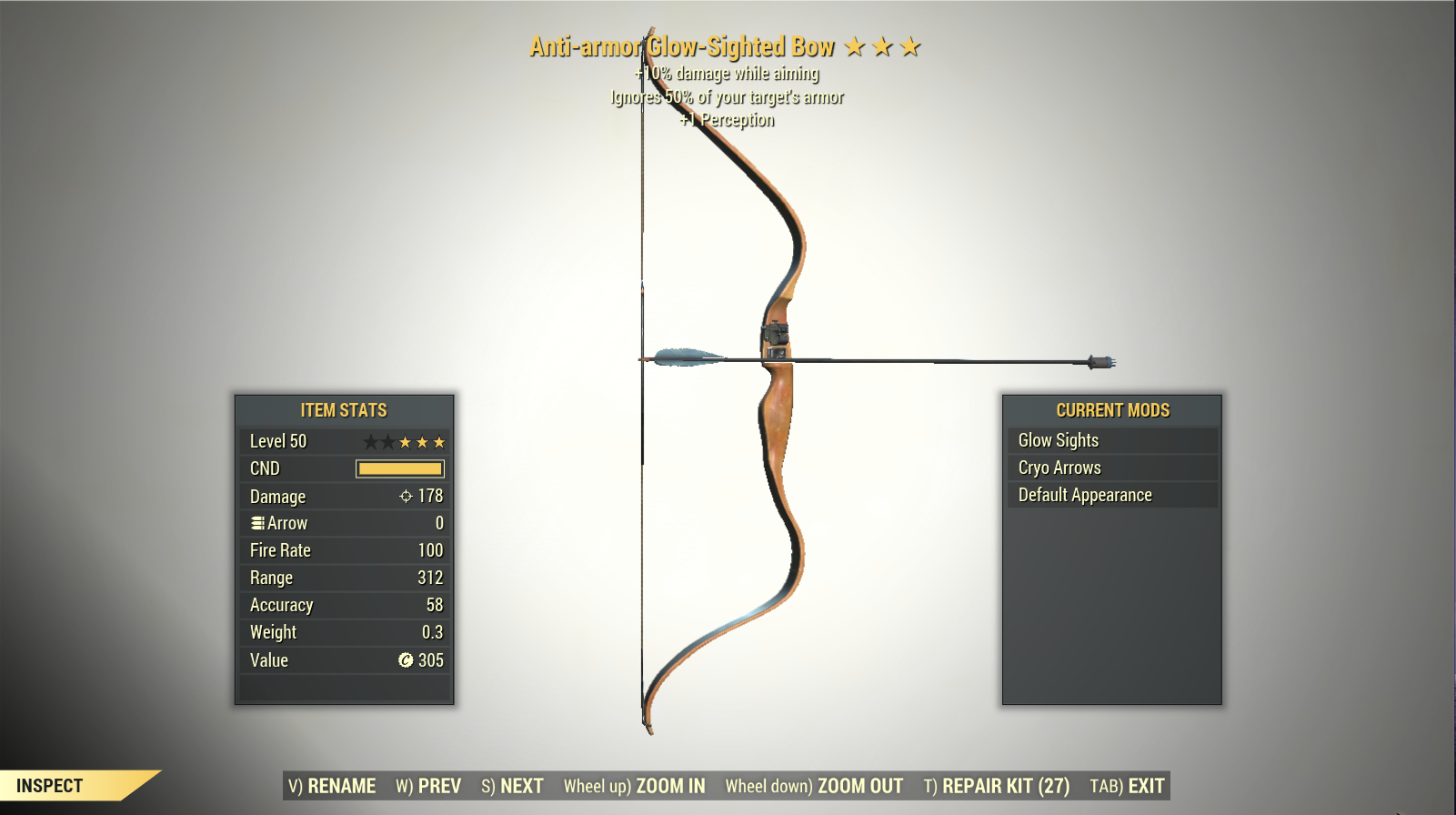 Screenshot of a Fallout 76 item for PC & Steam players, showing the stats.