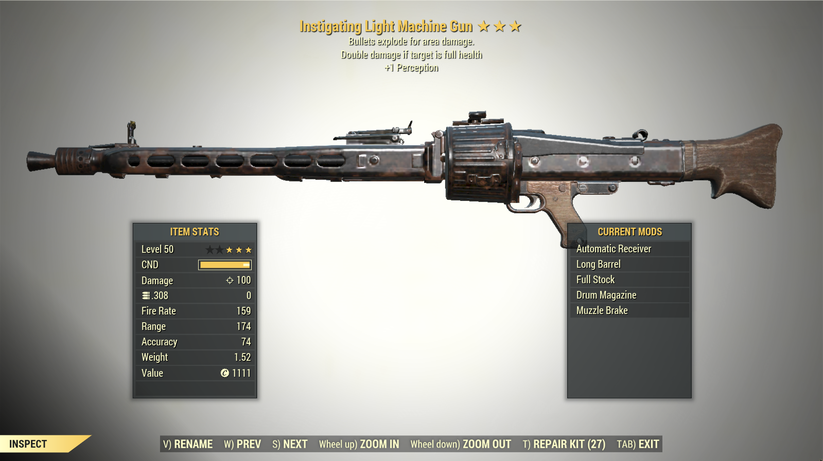 Screenshot of a Fallout 76 item for PC & Steam players, showing the stats.