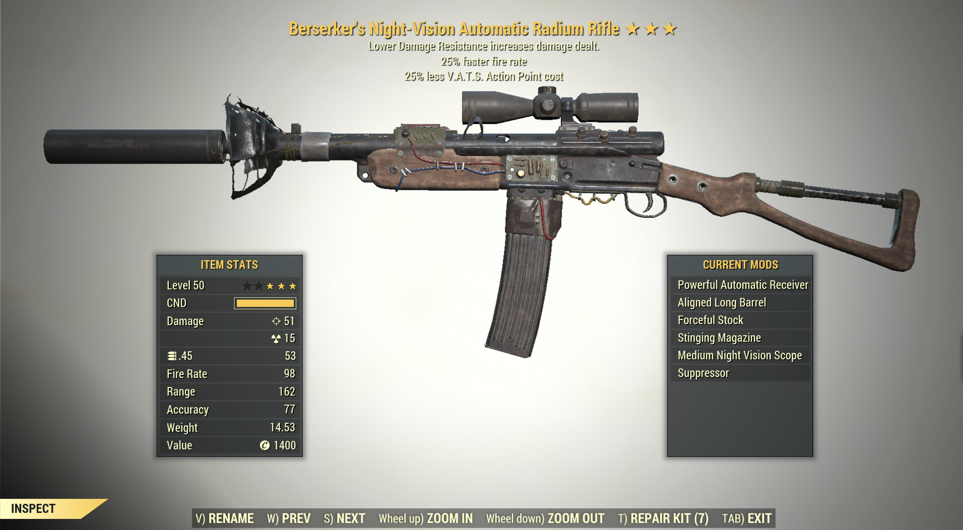 Screenshot of a Fallout 76 item for PC & Steam players, showing the stats.