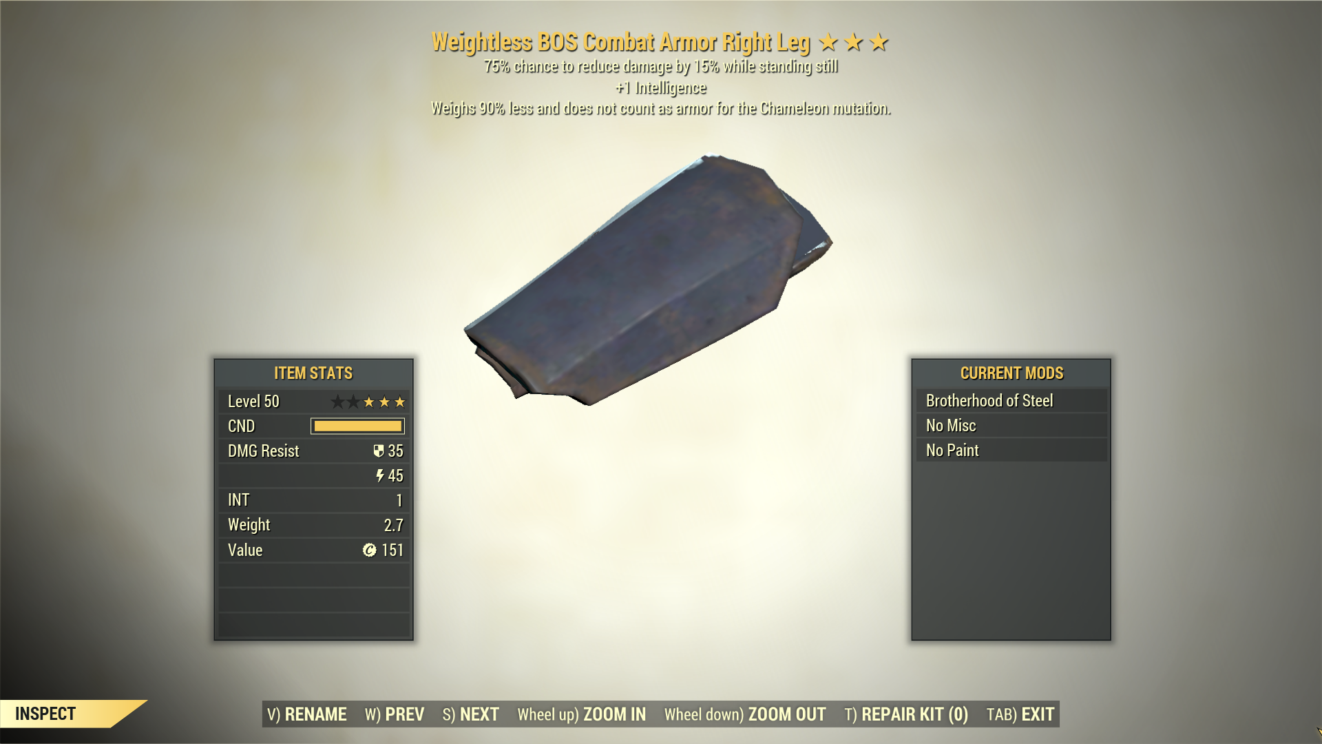 Screenshot of a Fallout 76 item for PC & Steam players, showing the stats.