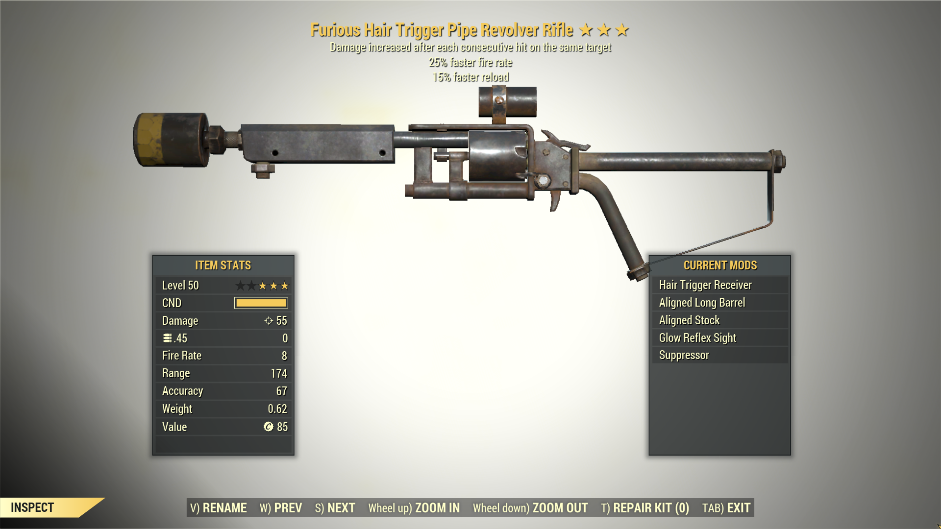 Screenshot of a Fallout 76 item for PC & Steam players, showing the stats.