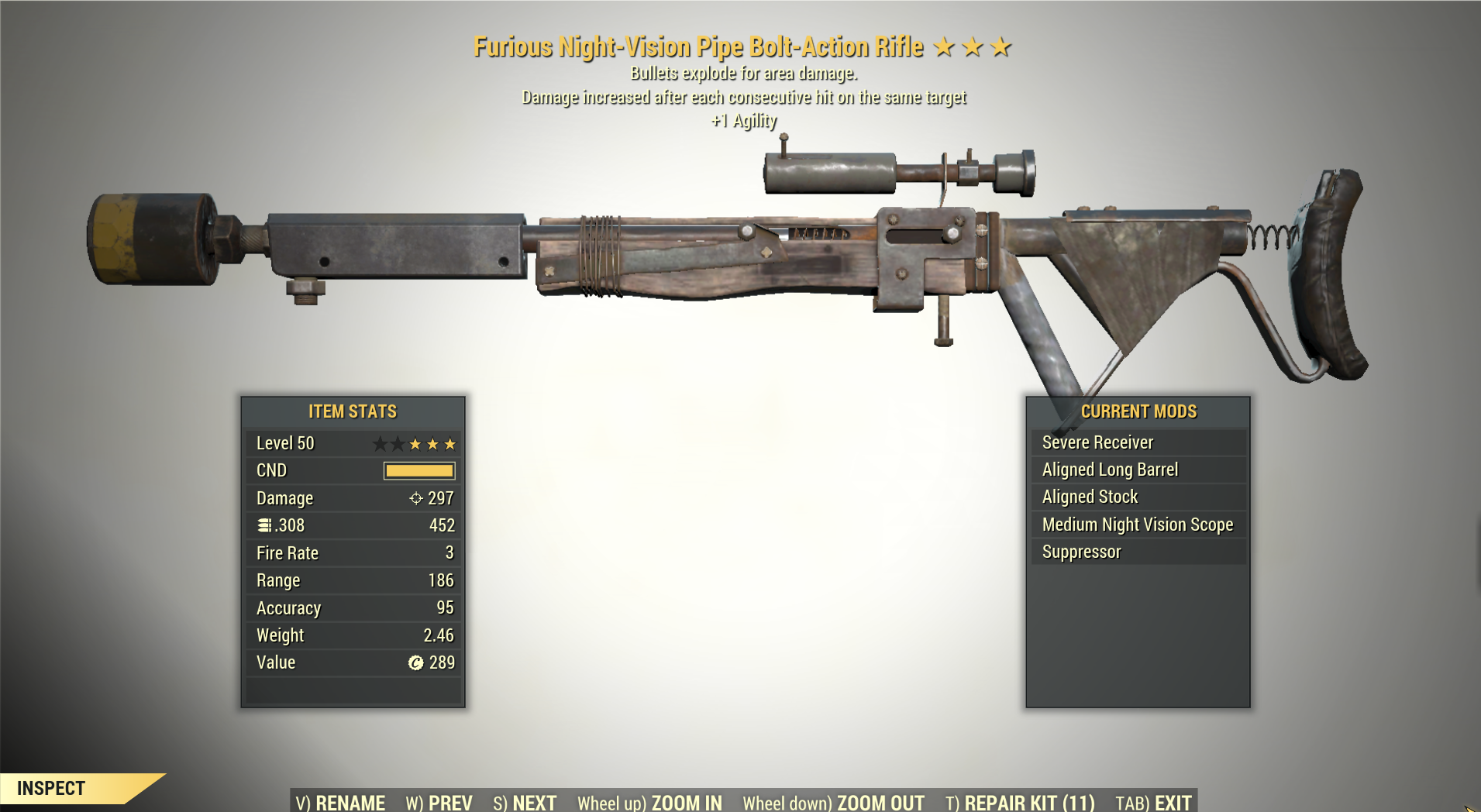 Screenshot of a Fallout 76 item for PC & Steam players, showing the stats.