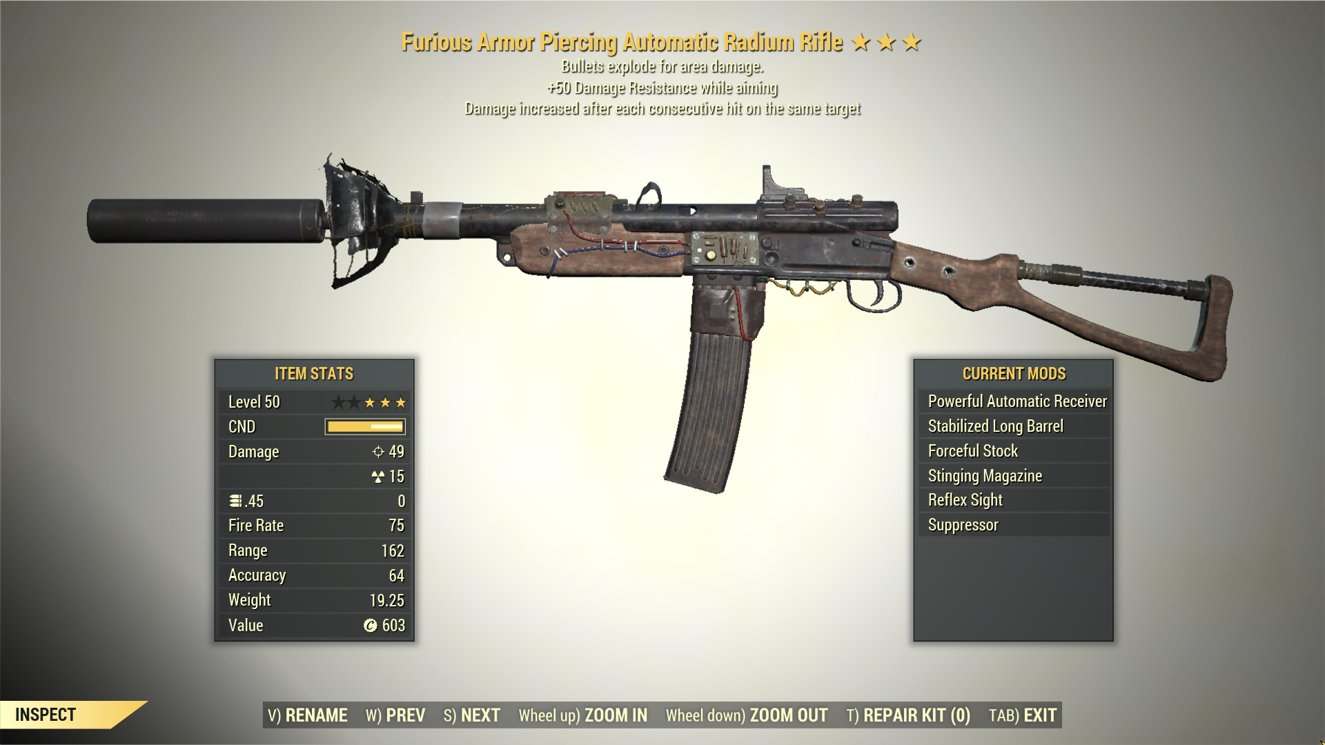 Screenshot of a Fallout 76 item for PC & Steam players, showing the stats.