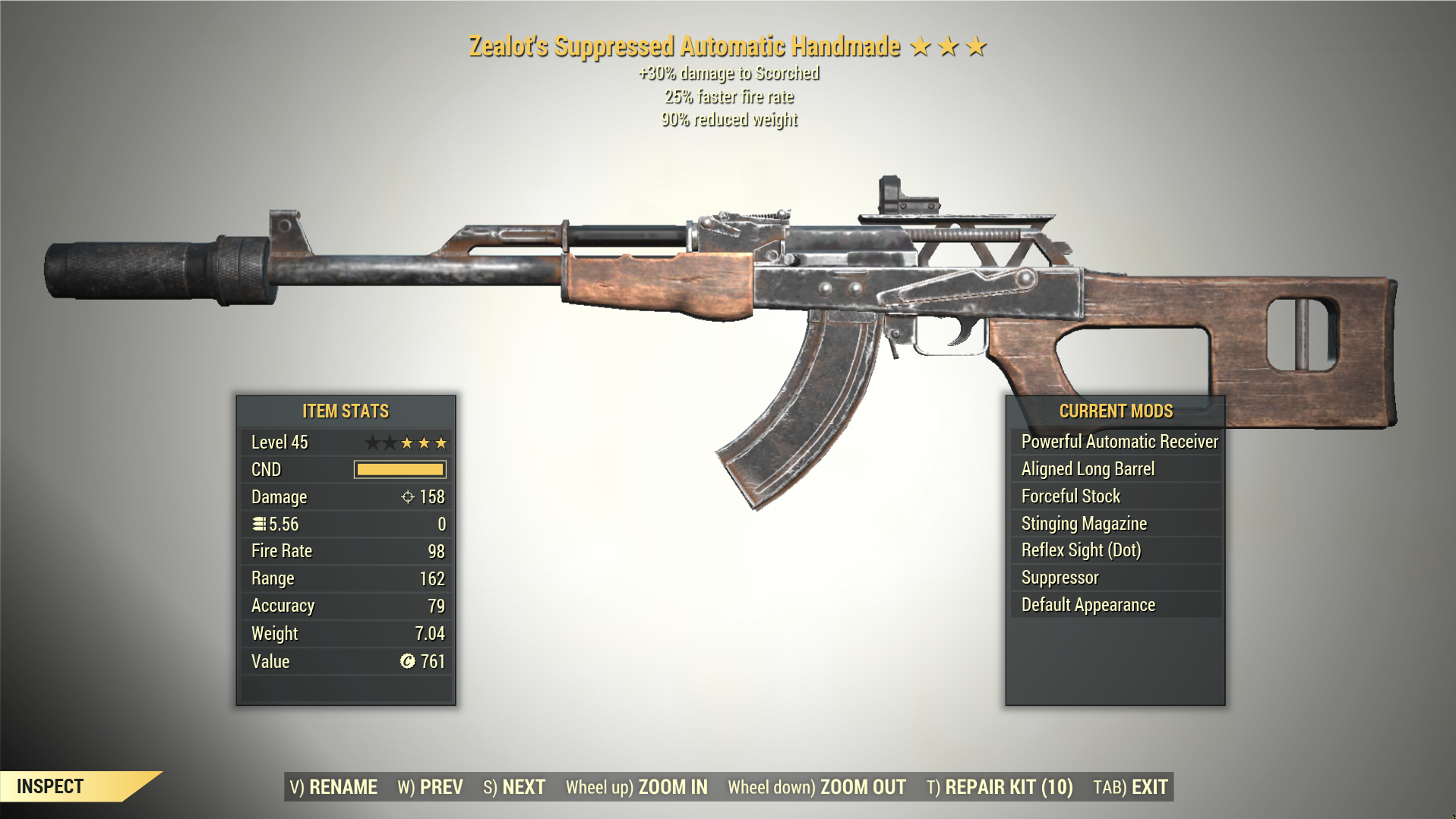 Screenshot of a Fallout 76 item for PC & Steam players, showing the stats.