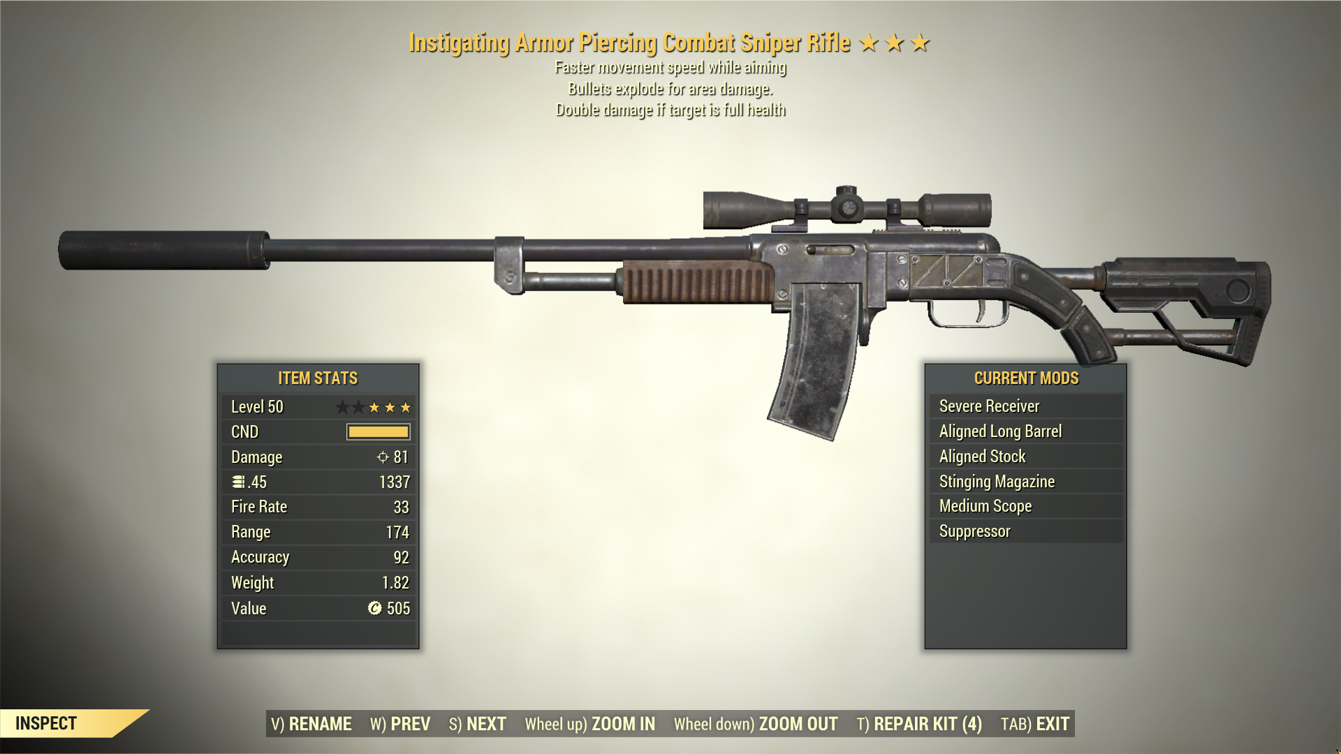 Screenshot of a Fallout 76 item for PC & Steam players, showing the stats.