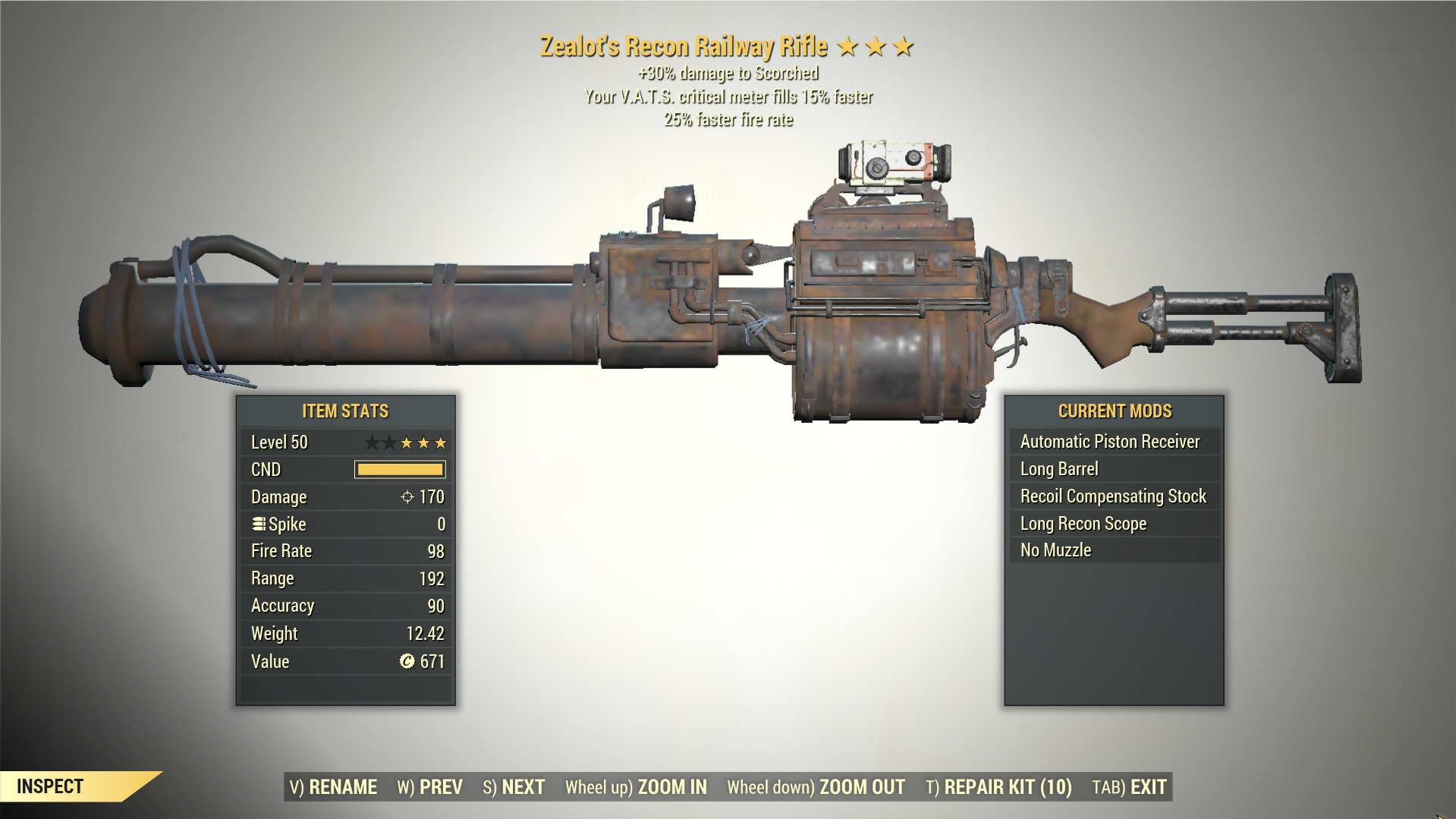 Screenshot of a Fallout 76 item for PC & Steam players, showing the stats.