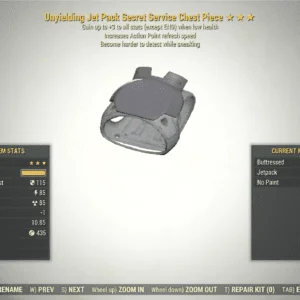 Screenshot of a Fallout 76 Secret Service Unyielding Sneak for PC & Steam players, showing the stats.