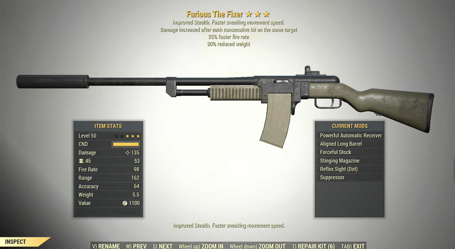 Screenshot of a Fallout 76 item for PC & Steam players, showing the stats.