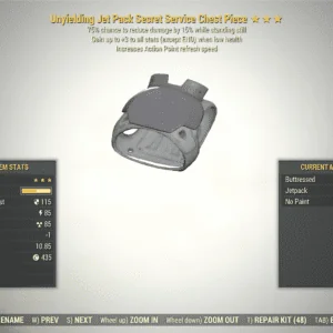 Screenshot of a Fallout 76 Unyielding Sentinel Armor for PC & Steam players, showing the stats.