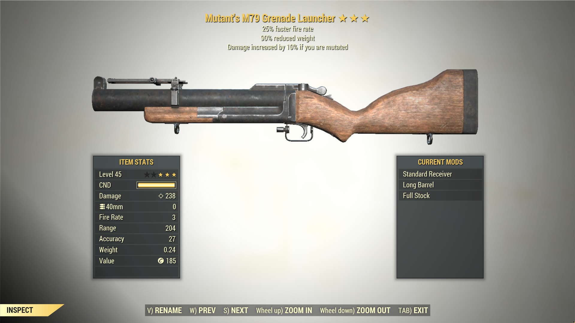 Screenshot of a Fallout 76 item for PC & Steam players, showing the stats.