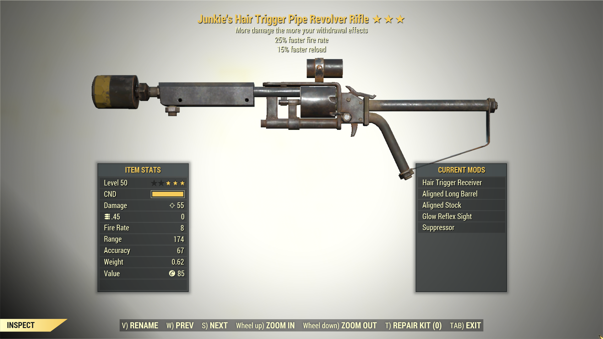 Screenshot of a Fallout 76 item for PC & Steam players, showing the stats.
