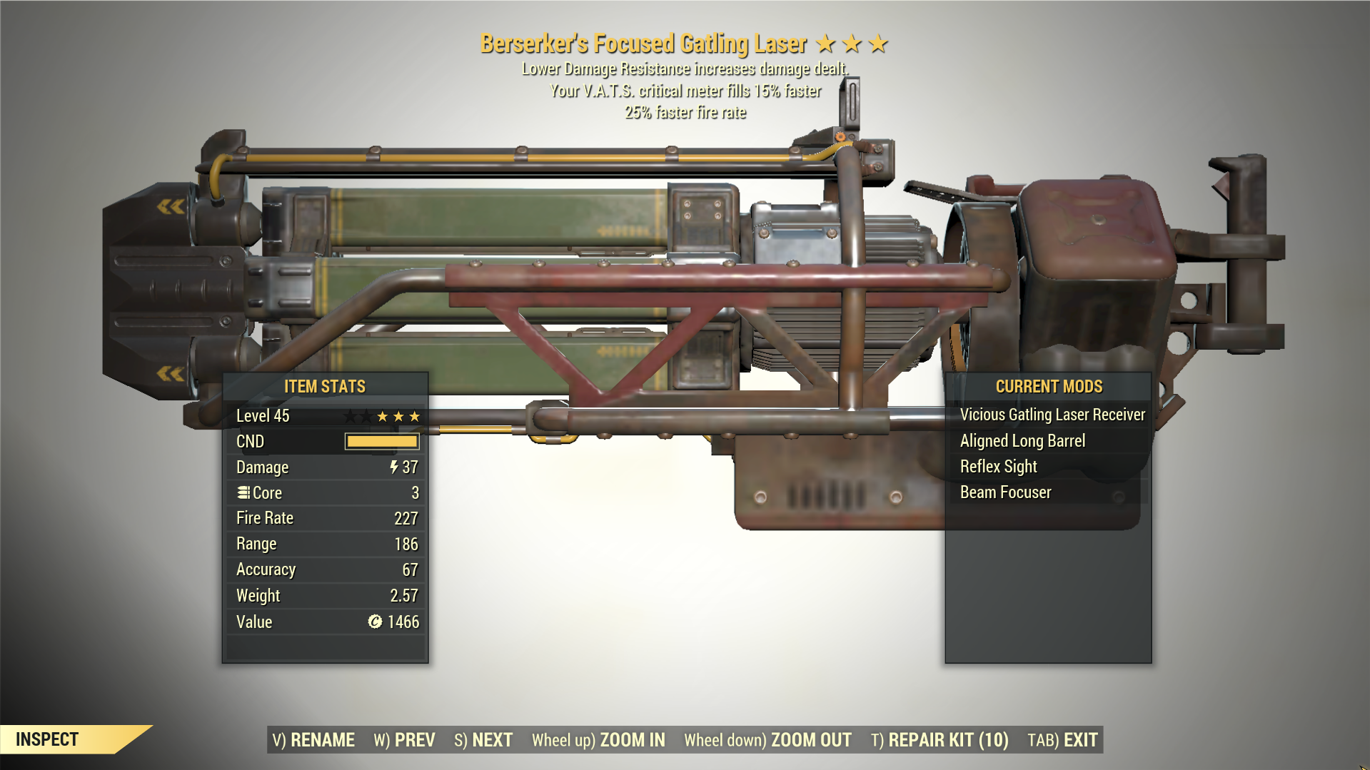 Screenshot of a Fallout 76 item for PC & Steam players, showing the stats.
