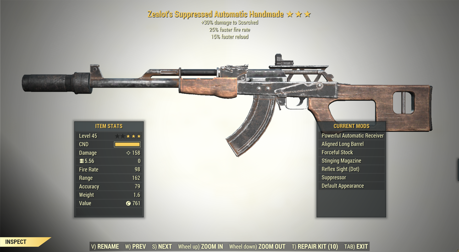 Screenshot of a Fallout 76 item for PC & Steam players, showing the stats.