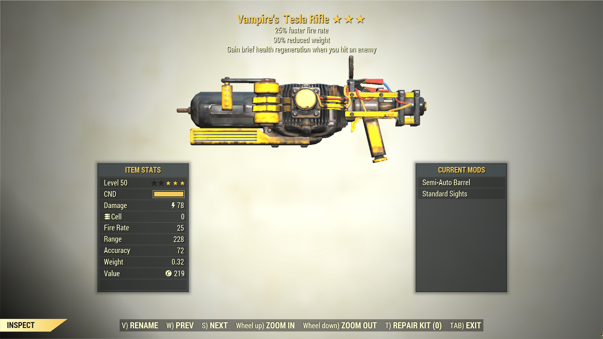 Screenshot of a Fallout 76 item for PC & Steam players, showing the stats.