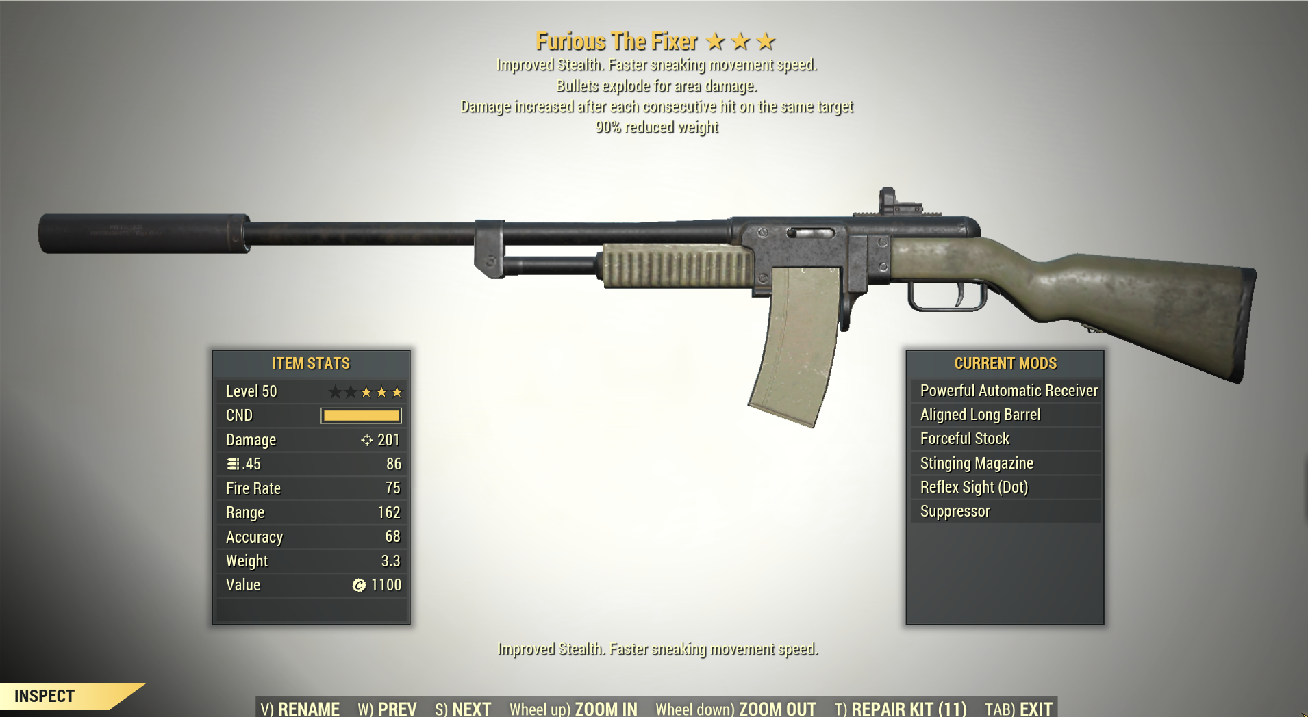 Screenshot of a Fallout 76 item for PC & Steam players, showing the stats.