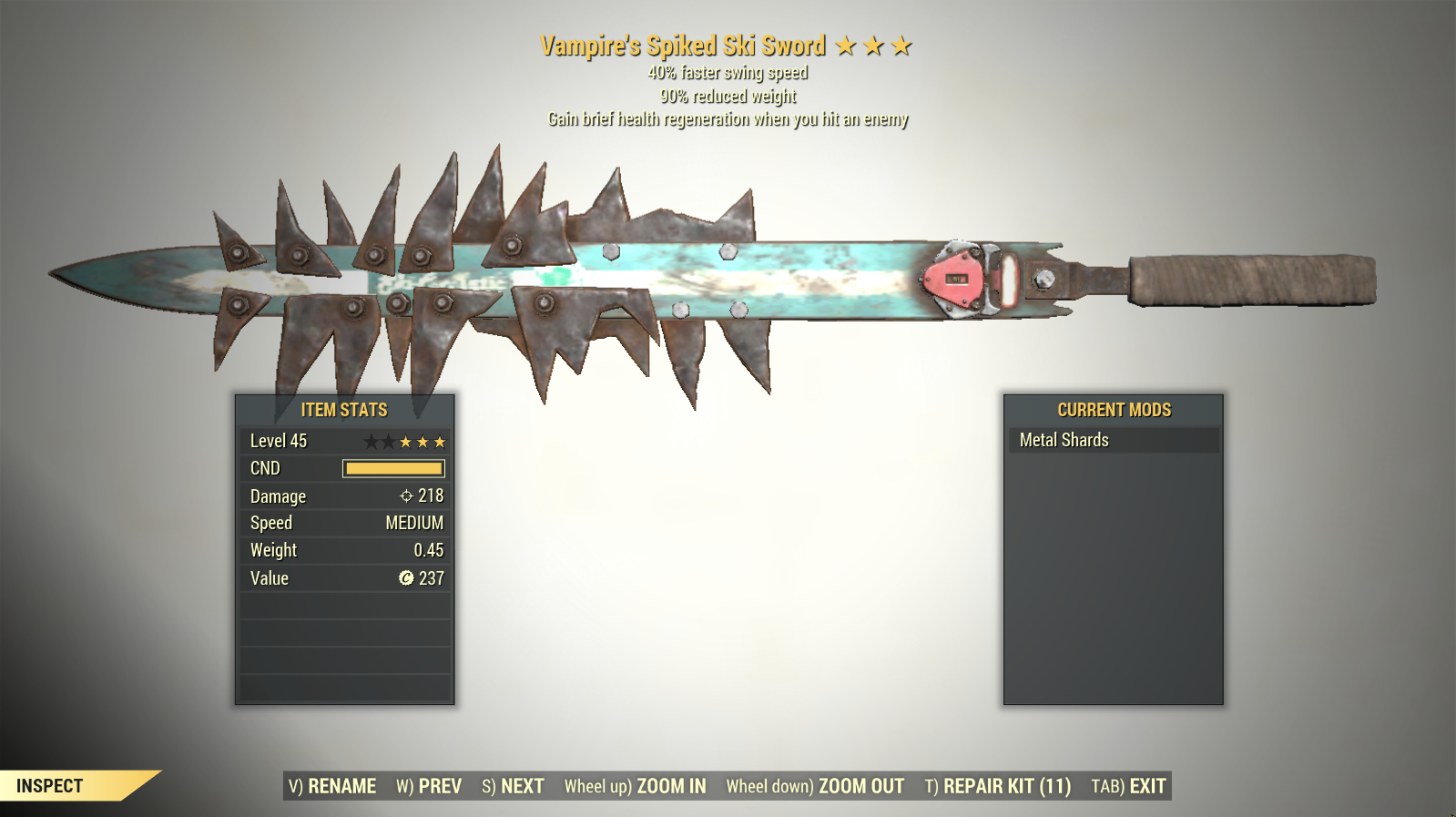 Screenshot of a Fallout 76 item for PC & Steam players, showing the stats.