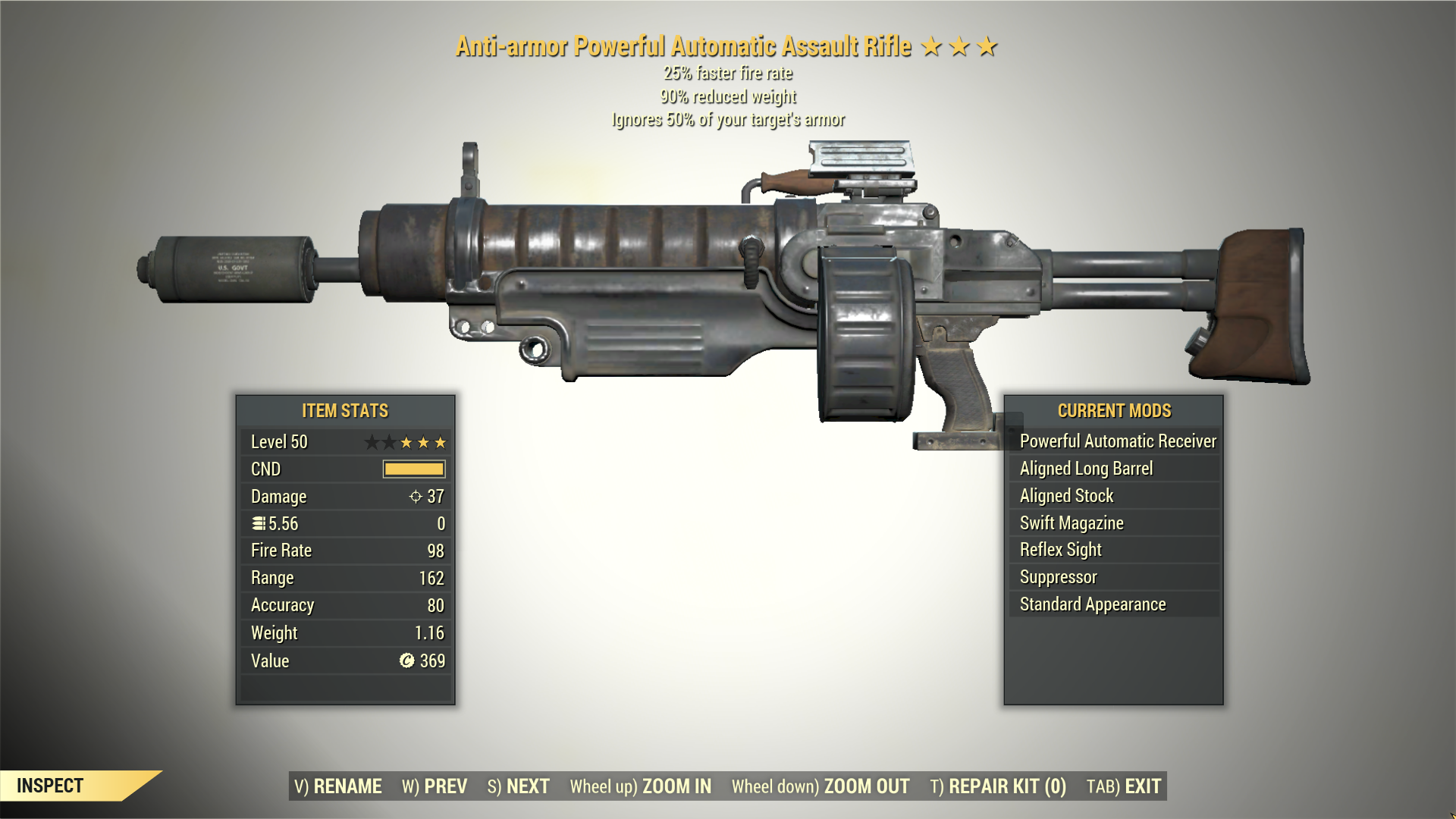 Screenshot of a Fallout 76 item for PC & Steam players, showing the stats.