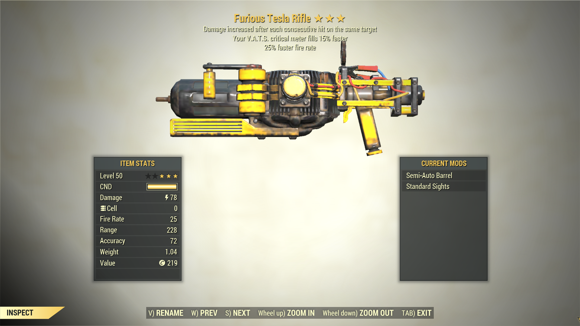 Screenshot of a Fallout 76 item for PC & Steam players, showing the stats.